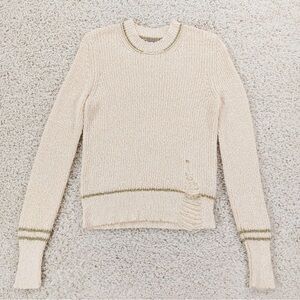 Raquel Allegra Distressed Cotton Sweater Womens Small, Cream White, Gold Thread